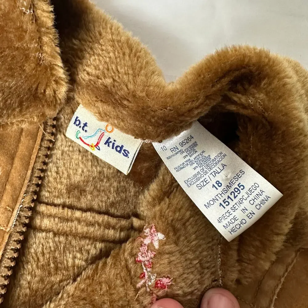 Vintage B.T. Kids Floral Embroidered Brown Faux Fur Suede Jacket / Coat Sz 18 mo